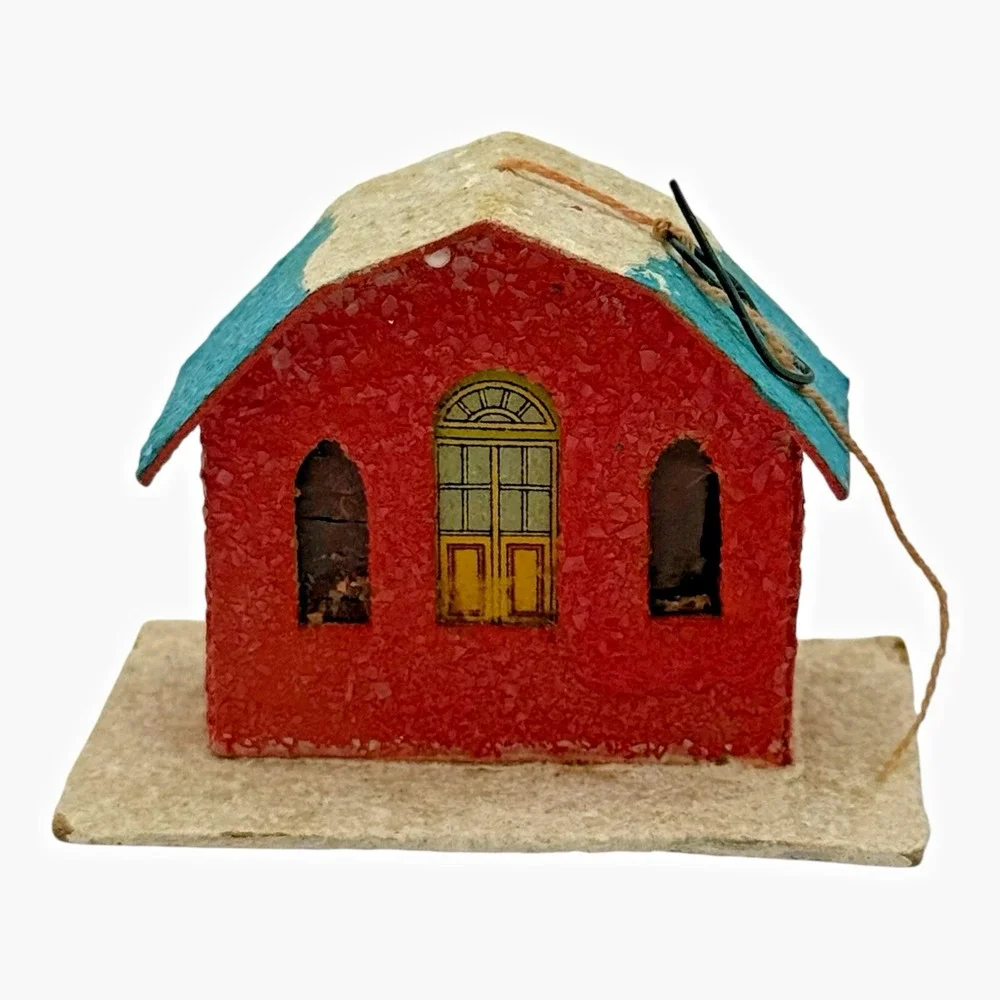 Miniature Putz House Mica Christmas Ornament Red Blue 1950s Japan Vintage